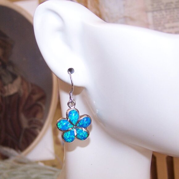 Vintage Sterling Silver Lab Opal Inlay Dangle Earrings - Daisy Design - Picture 4 of 8